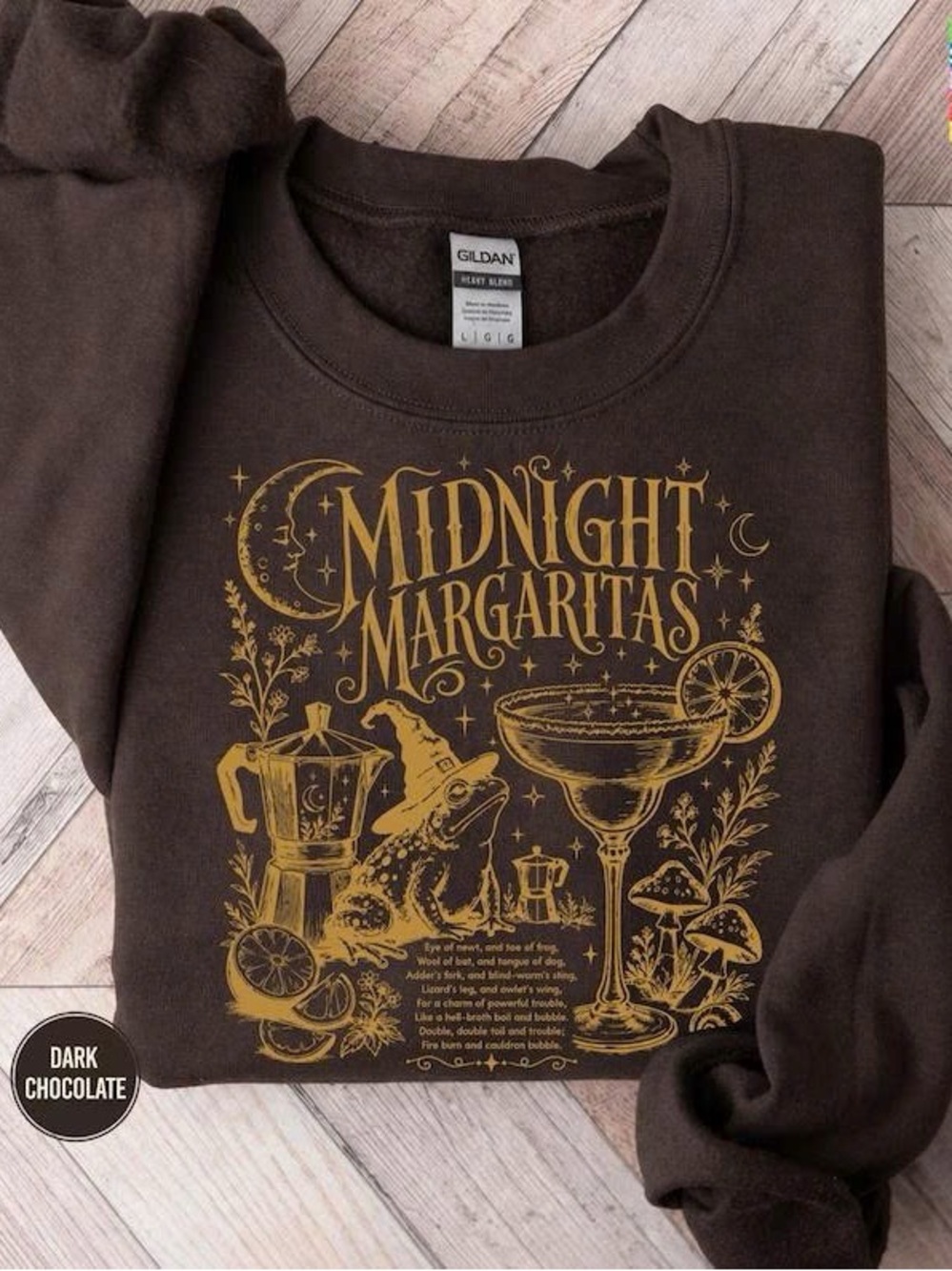 Men’s Dark Chocolate Crewneck with Gold "Midnight Margaritas" Graphic